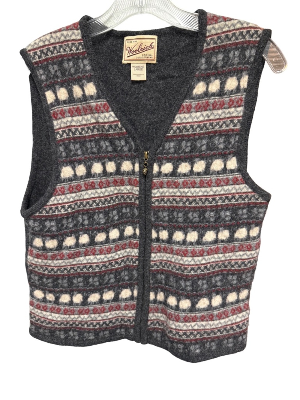 Vintage Woolrich Women's Large Charcoal  Sheep Graphic 100% Lambswool Zip Vest